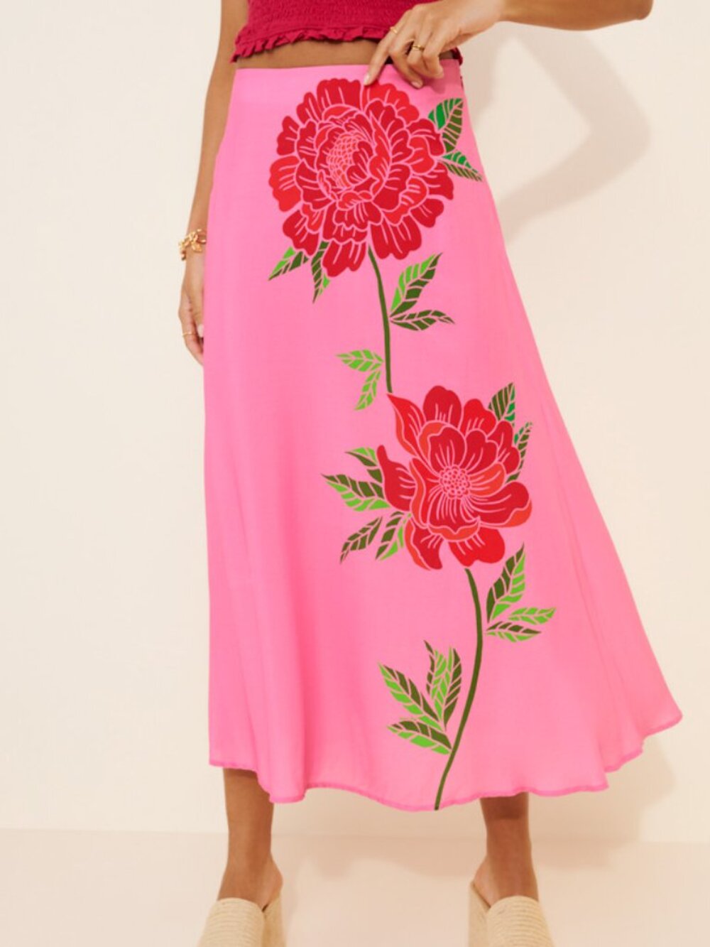 Farm Rio x Anthropologie Rich Red Rose Pink Bold Floral Motif Maxi A-Line Skirt